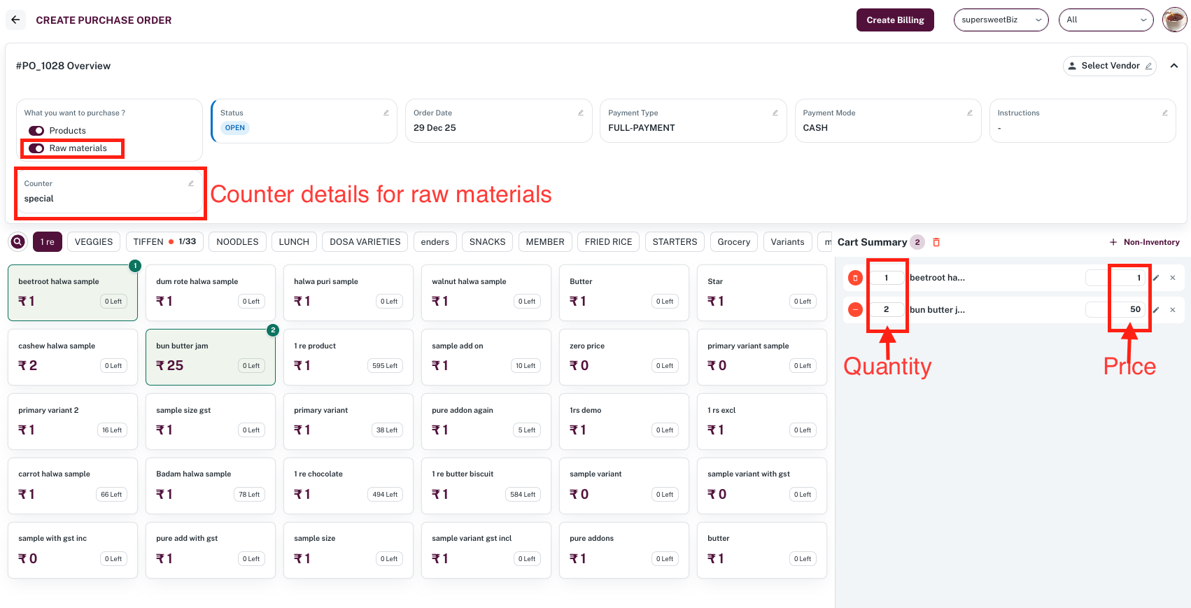 Counter Raw materials