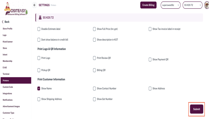 Printer settings submit