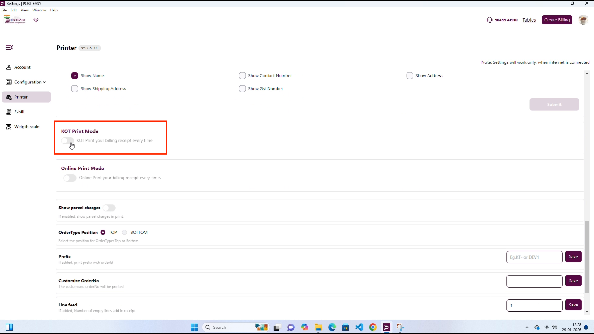 Turn on KOT Print Mode