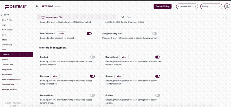 Staff terminal CRUD access to products