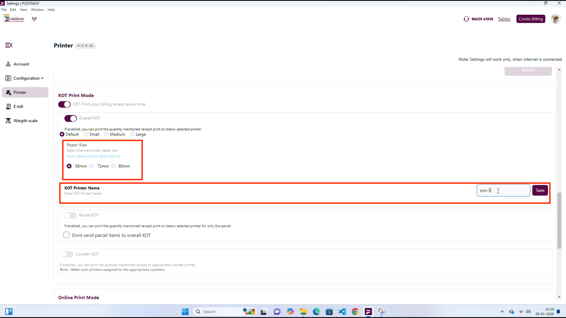 Enter the KOT printer name